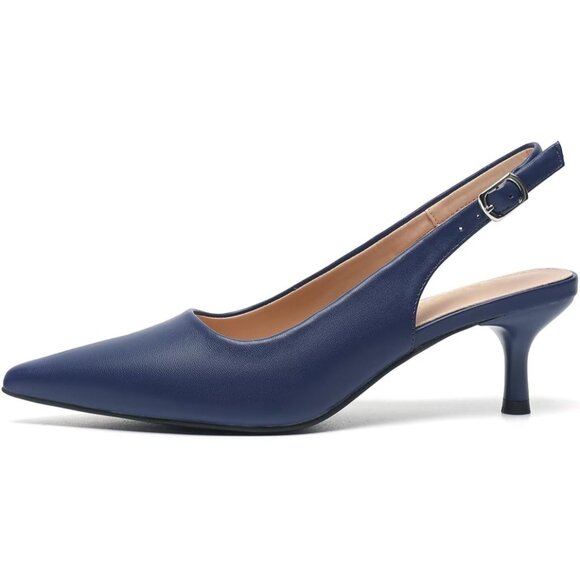 Amoji Women Navy-pu Polyurethane Low Kitten Heel Slingback Pointed Toe Sandals - Picture 2 of 7